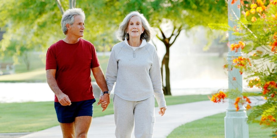 Elderly couple walking